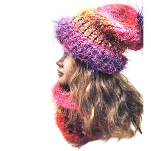 Bohemian Slouchy knit hat & neck warmer colorful set women's one size